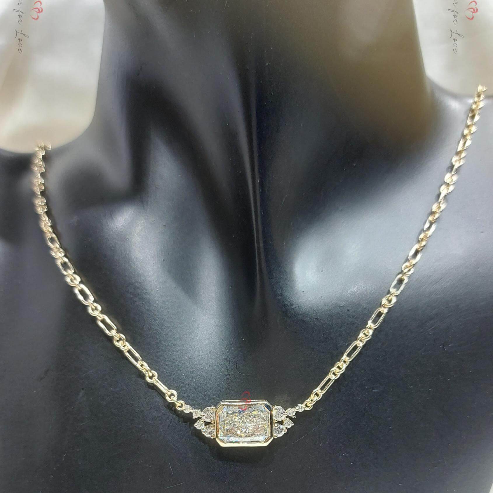 Unique Design Yellow Gold Bezel Radiant Cut White Sapphire Pendant Necklace For Women