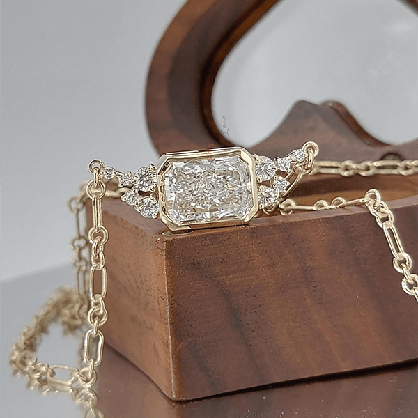 Unique Design Yellow Gold Bezel Radiant Cut White Sapphire Pendant Necklace For Women