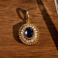 Vintage Halo Yellow Gold Oval Cut Blue Sapphire Pendant Necklace For Women