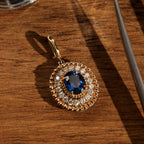 Vintage Halo Yellow Gold Oval Cut Blue Sapphire Pendant Necklace For Women