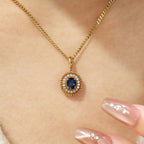 Vintage Halo Yellow Gold Oval Cut Blue Sapphire Pendant Necklace For Women