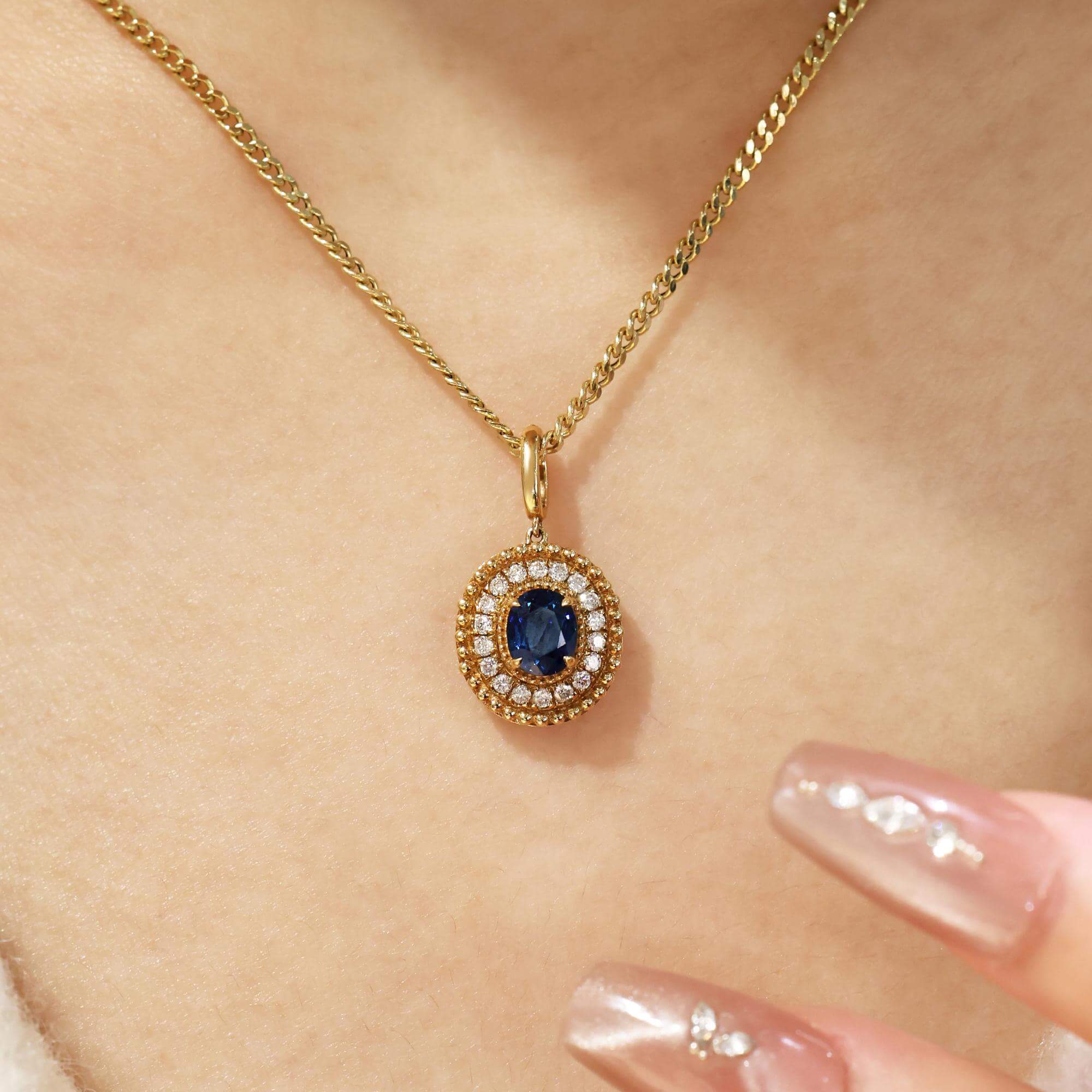 Vintage Halo Yellow Gold Oval Cut Blue Sapphire Pendant Necklace For Women