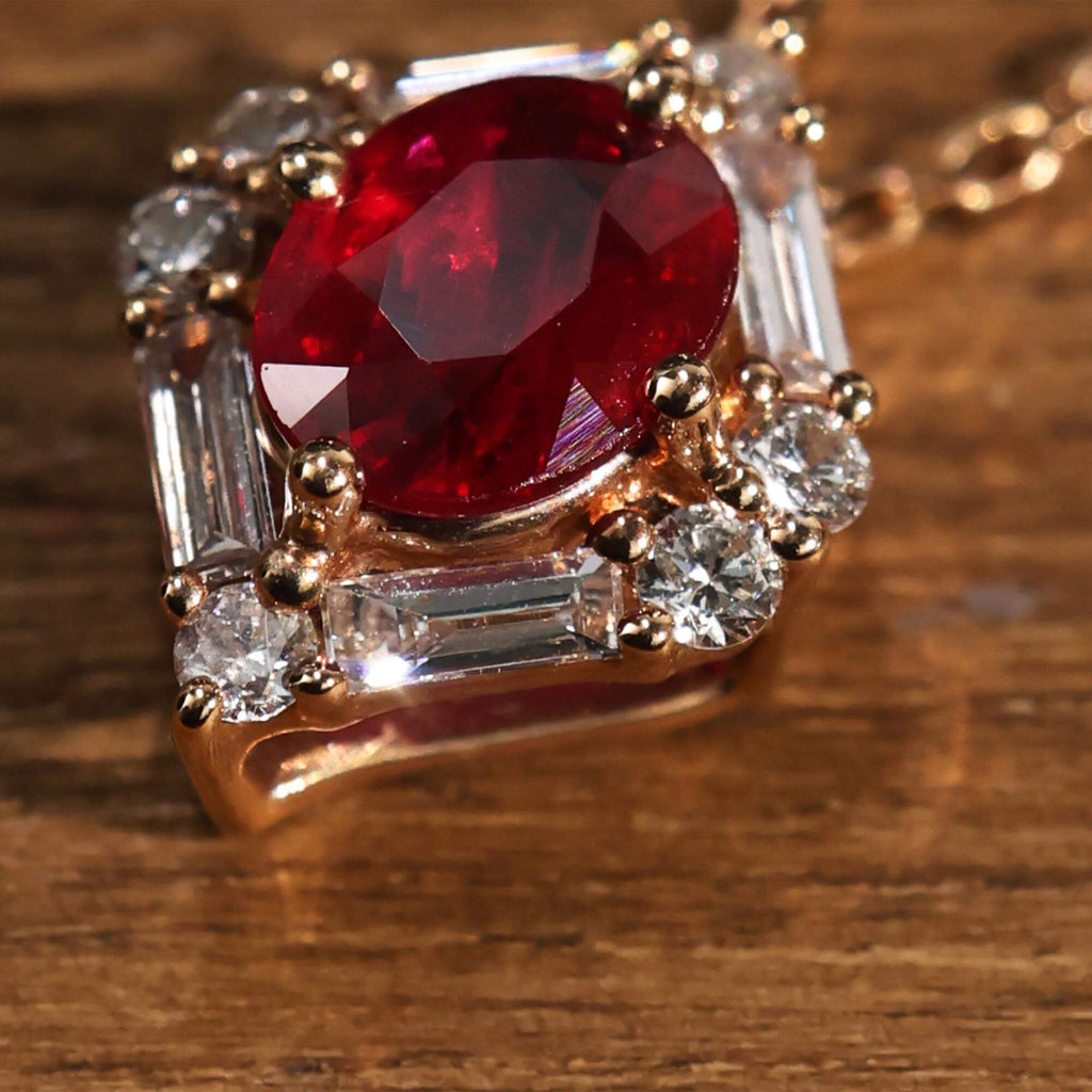 Halo Yellow Gold Oval Cut Ruby Sapphire Pendant Necklace For Women