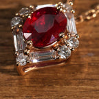 Halo Yellow Gold Oval Cut Ruby Sapphire Pendant Necklace For Women