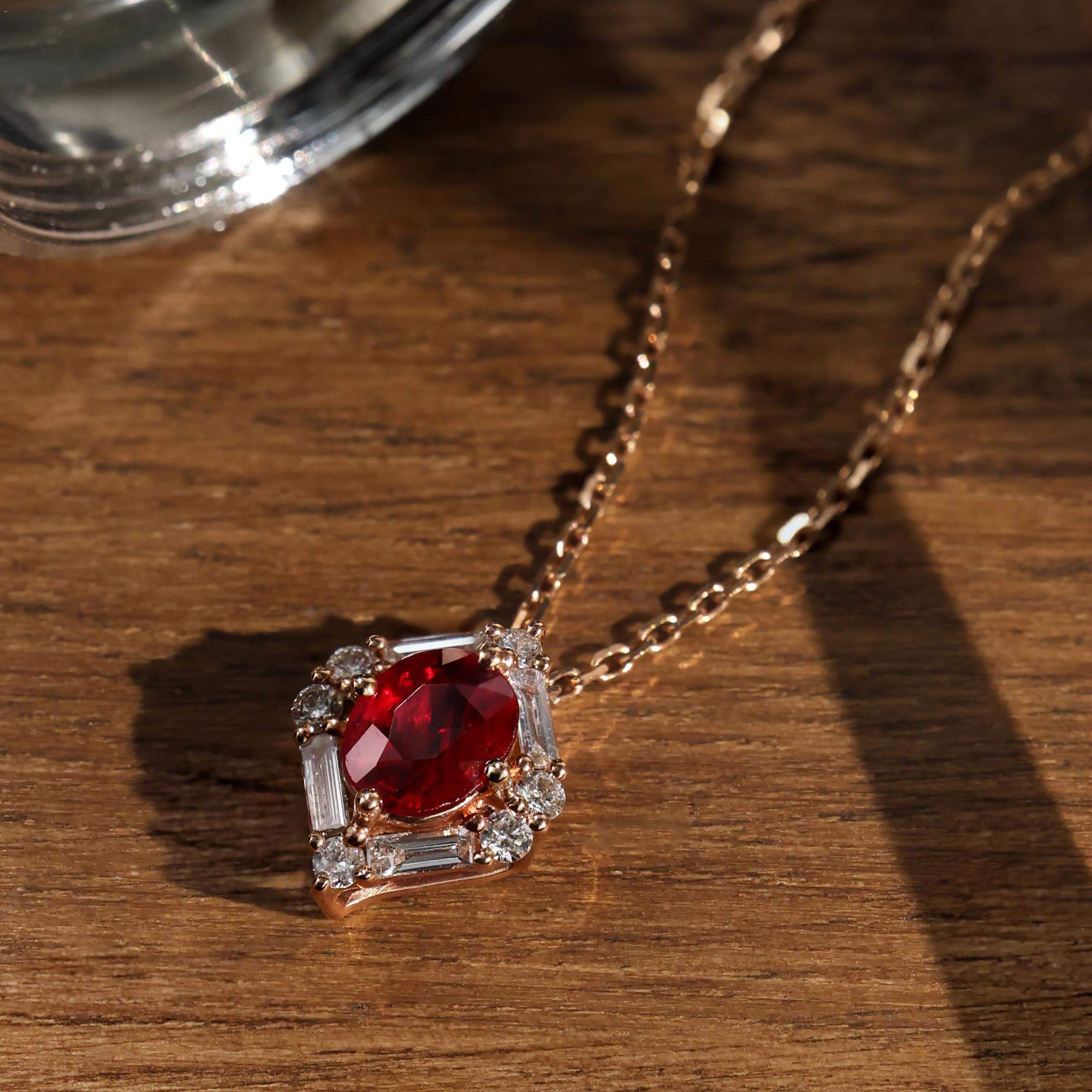 Halo Yellow Gold Oval Cut Ruby Sapphire Pendant Necklace For Women