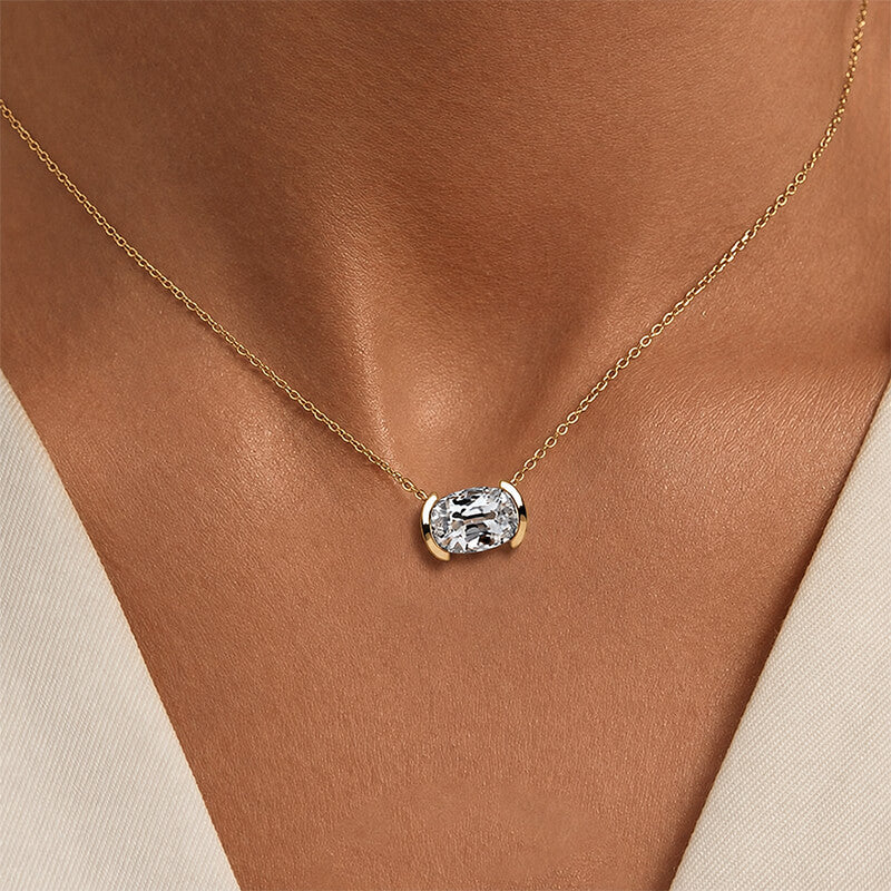 Classic Solitaire Half Bezel Cushion Cut White Sapphire Pendant Necklace For Women