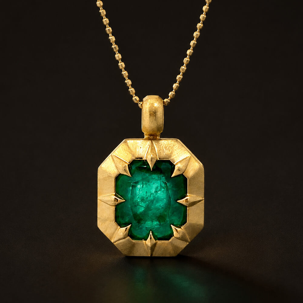 Vintage Yellow Gold Emerald Cut Emerald Sapphire Pendant Necklace For Women