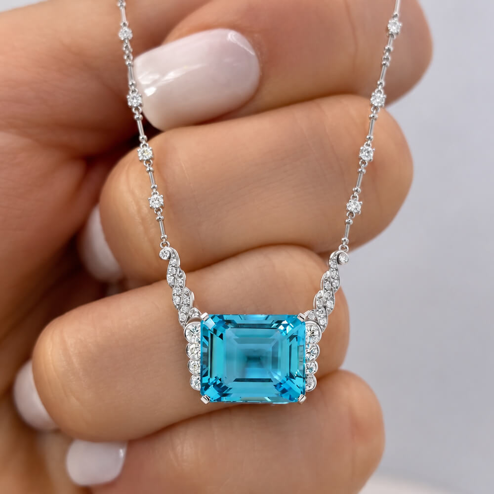 Luxury Jewelry Emerald Cut Aquamarine Sapphire Pendant Necklace For Women