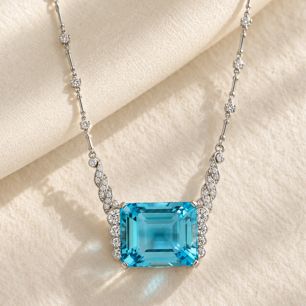 Luxury Jewelry Emerald Cut Aquamarine Sapphire Pendant Necklace For Women