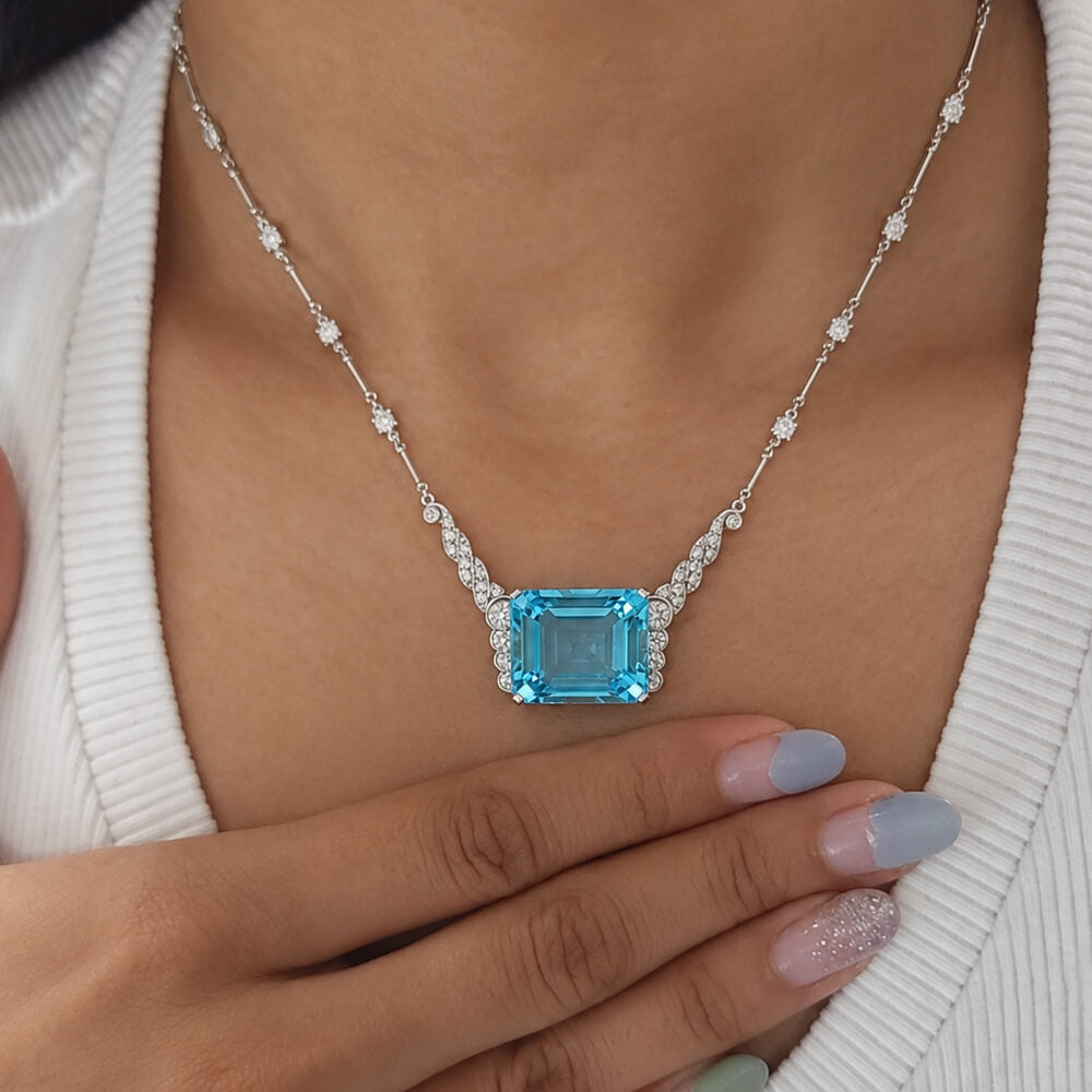 Luxury Jewelry Emerald Cut Aquamarine Sapphire Pendant Necklace For Women