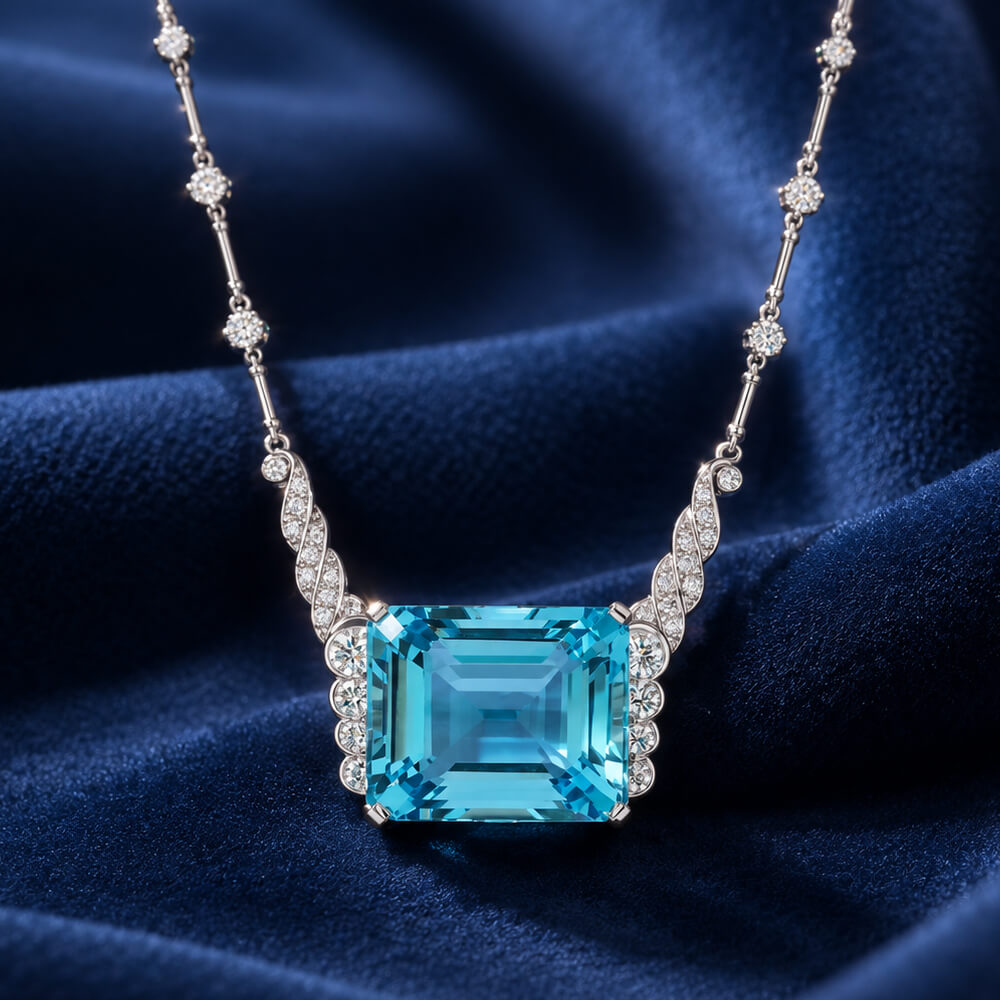 Luxury Jewelry Emerald Cut Aquamarine Sapphire Pendant Necklace For Women