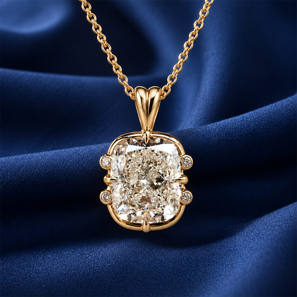 Unique Yellow Gold Cushion Cut White Sapphire Pendant Necklace For Women