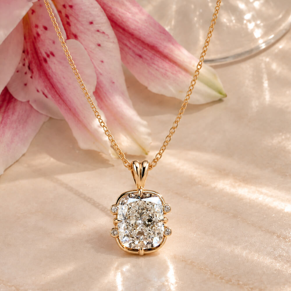 Unique Yellow Gold Cushion Cut White Sapphire Pendant Necklace For Women