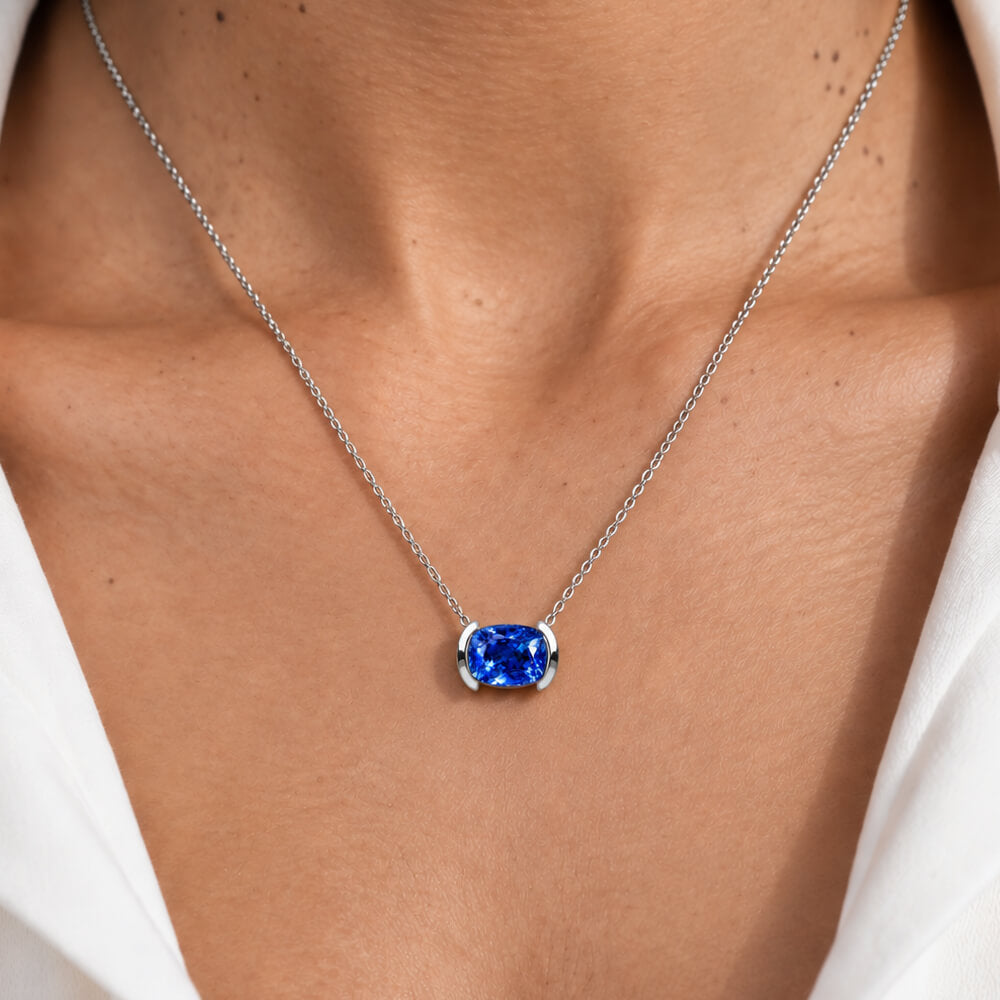 Classic Half Bezel Cushion Cut Blue Sapphire Pendant Necklace For Women