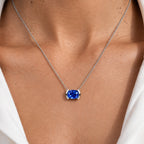 Classic Half Bezel Cushion Cut Blue Sapphire Pendant Necklace For Women