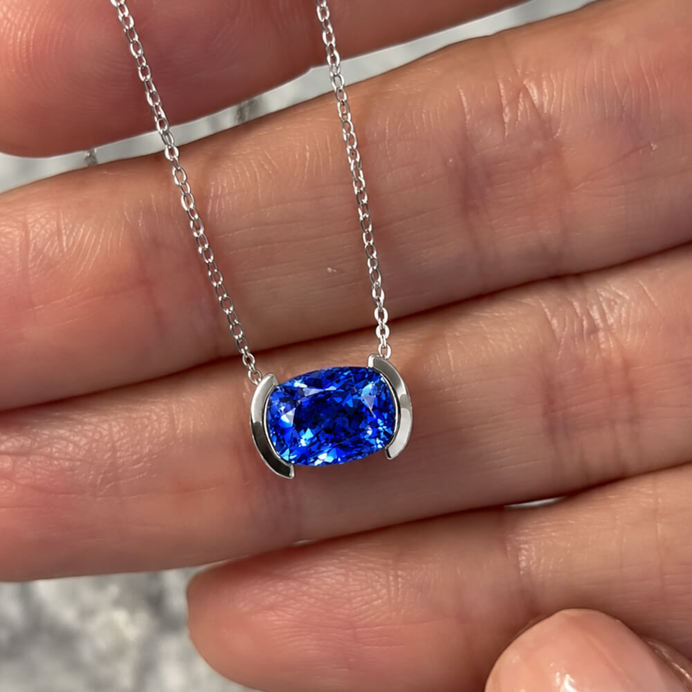 Classic Half Bezel Cushion Cut Blue Sapphire Pendant Necklace For Women