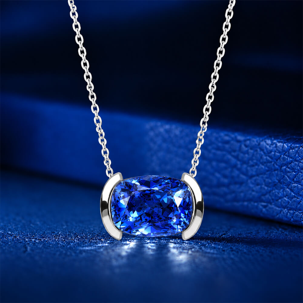 Classic Half Bezel Cushion Cut Blue Sapphire Pendant Necklace For Women