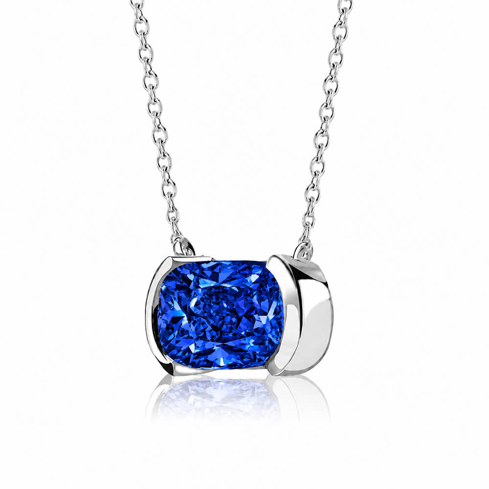 Classic Half Bezel Cushion Cut Blue Sapphire Pendant Necklace For Women