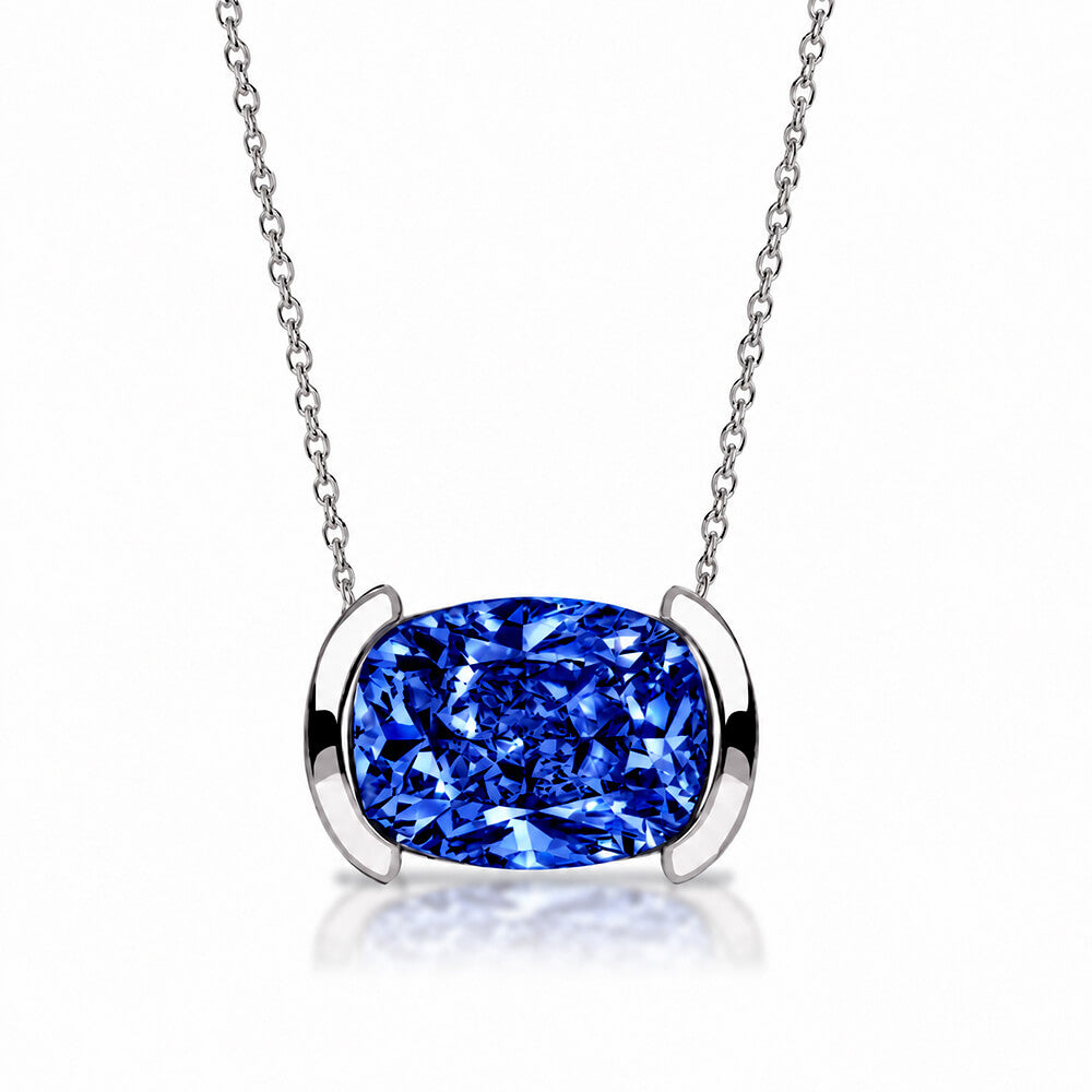 Classic Half Bezel Cushion Cut Blue Sapphire Pendant Necklace For Women