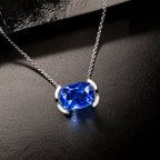 Classic Half Bezel Cushion Cut Blue Sapphire Pendant Necklace For Women