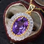 Vintage Two Tone Halo Oval Cut Amethyst & White Sapphire Pendant Neklace For Women