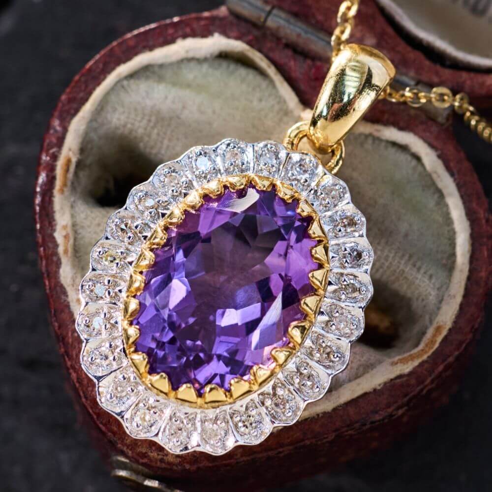 Vintage Two Tone Halo Oval Cut Amethyst & White Sapphire Pendant Neklace For Women