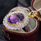 Vintage Two Tone Halo Oval Cut Amethyst & White Sapphire Pendant Neklace For Women