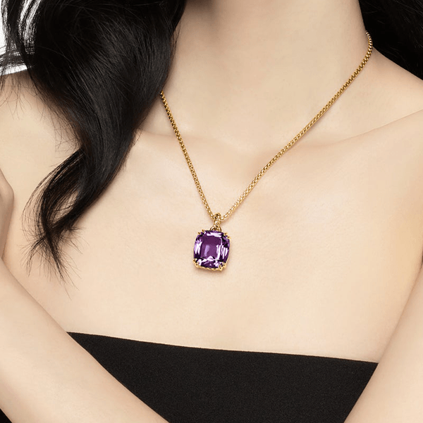 Luxury Jewelry Solitaire Yellow Gold Cushion Cut Amethyst Sapphire Pendant Necklace For Women