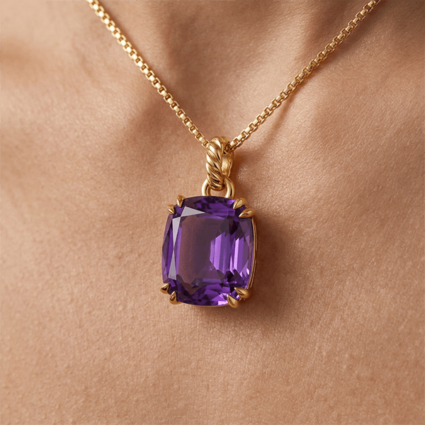 Luxury Jewelry Solitaire Yellow Gold Cushion Cut Amethyst Sapphire Pendant Necklace For Women