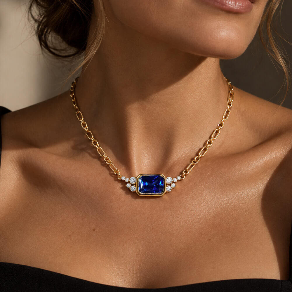 Fashion Yellow Gold Bezel Radiant Cut Blue Sapphire Pendant Necklace For Women