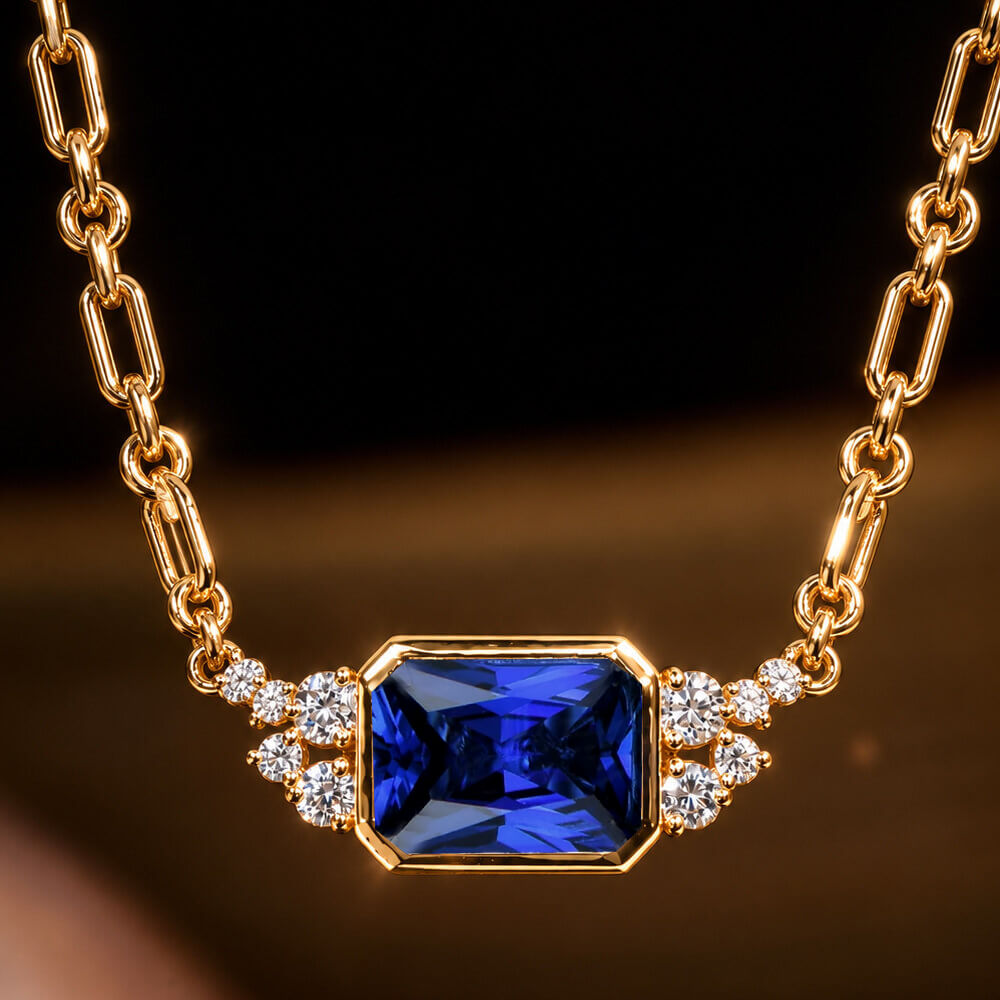 Fashion Yellow Gold Bezel Radiant Cut Blue Sapphire Pendant Necklace For Women