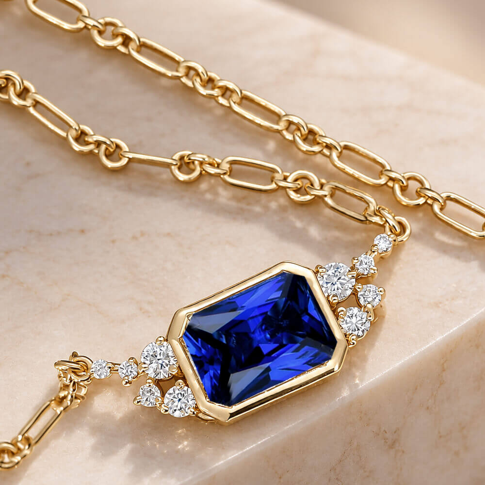Fashion Yellow Gold Bezel Radiant Cut Blue Sapphire Pendant Necklace For Women
