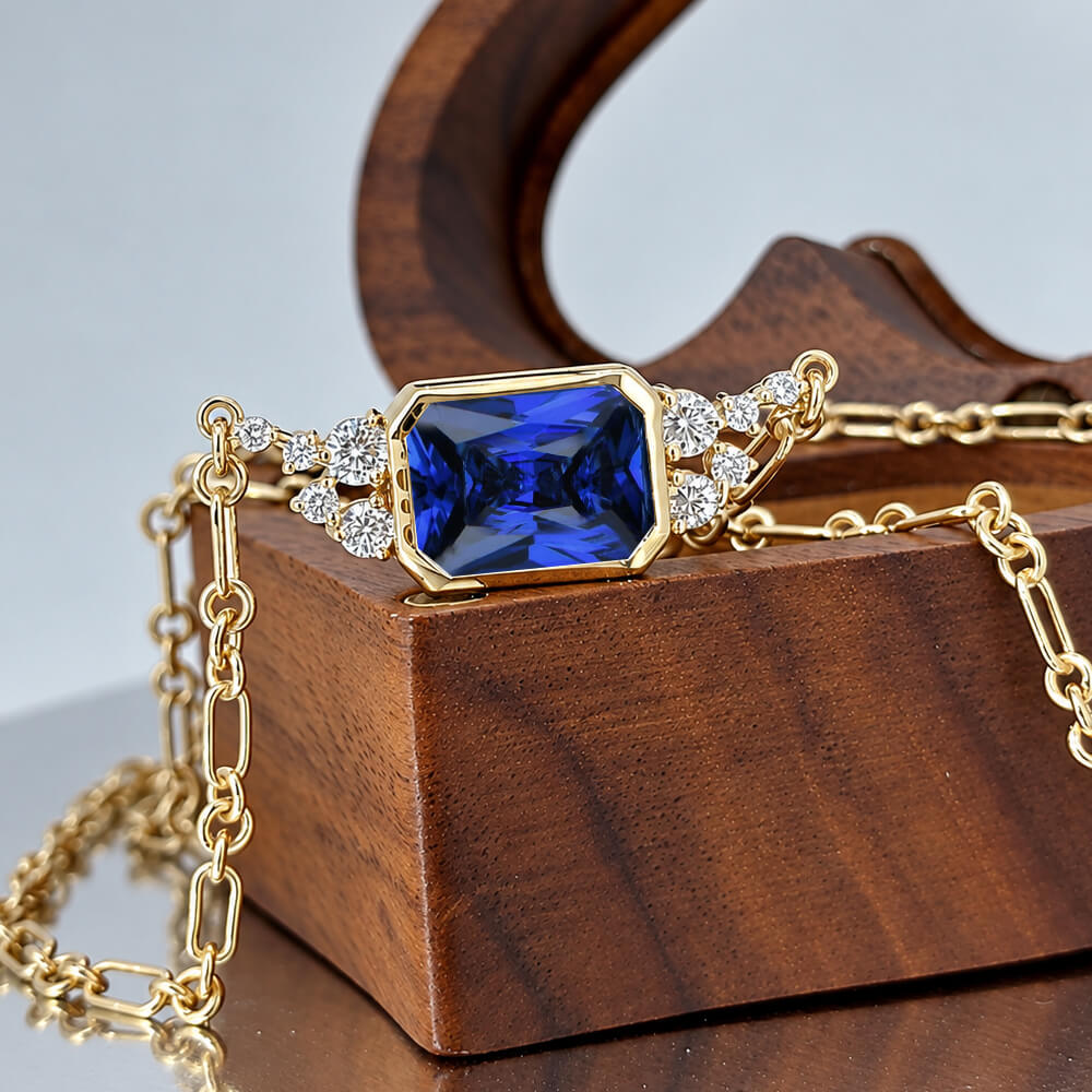 Fashion Yellow Gold Bezel Radiant Cut Blue Sapphire Pendant Necklace For Women
