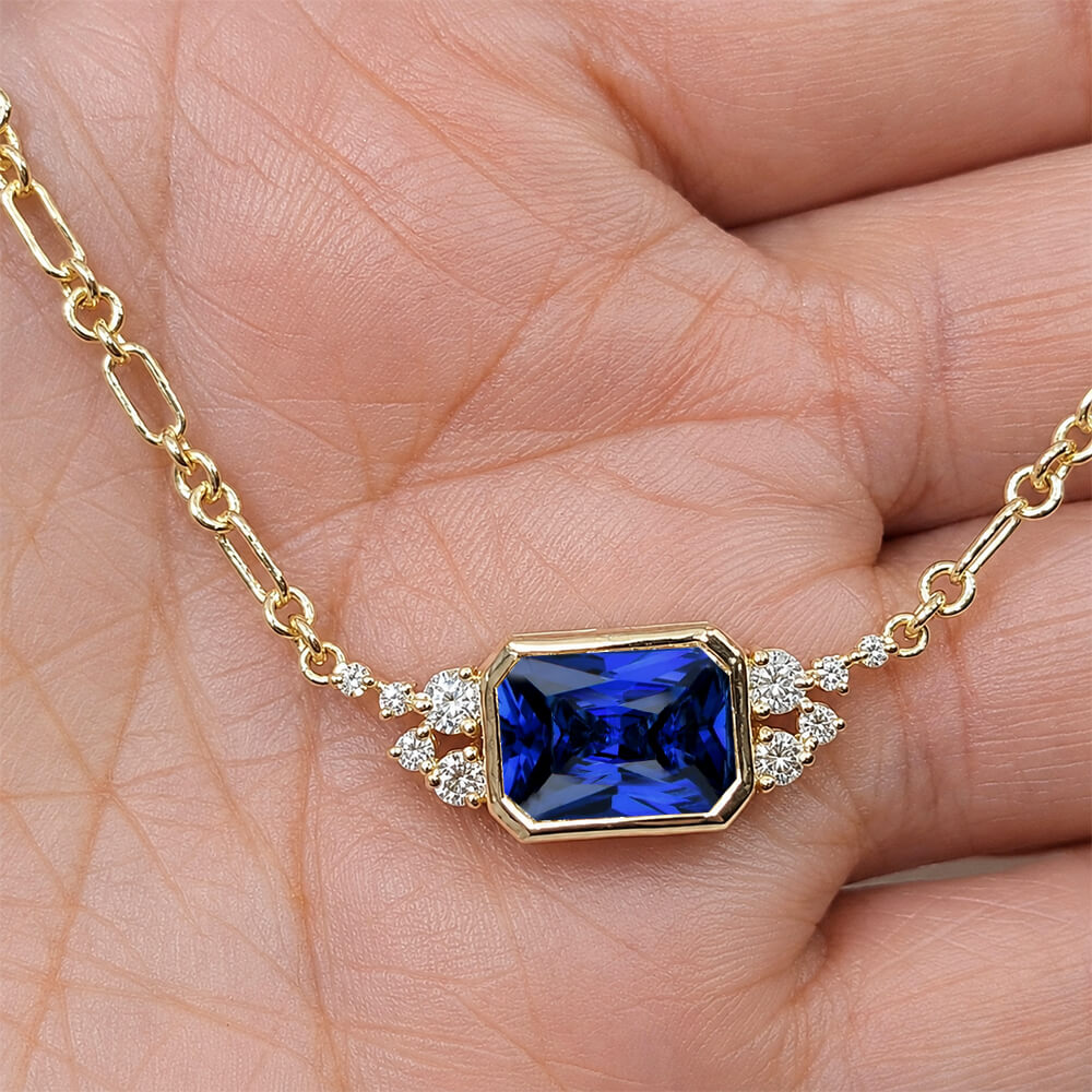 Fashion Yellow Gold Bezel Radiant Cut Blue Sapphire Pendant Necklace For Women