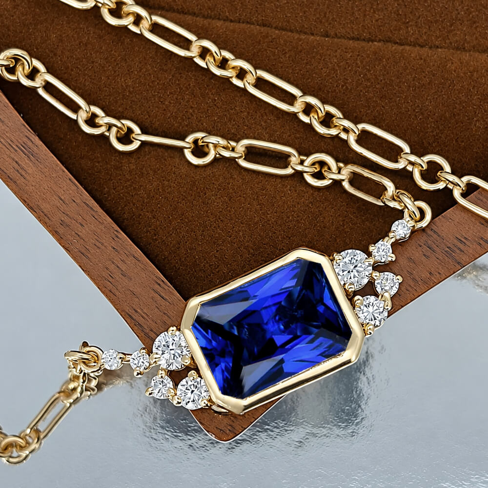 Fashion Yellow Gold Bezel Radiant Cut Blue Sapphire Pendant Necklace For Women