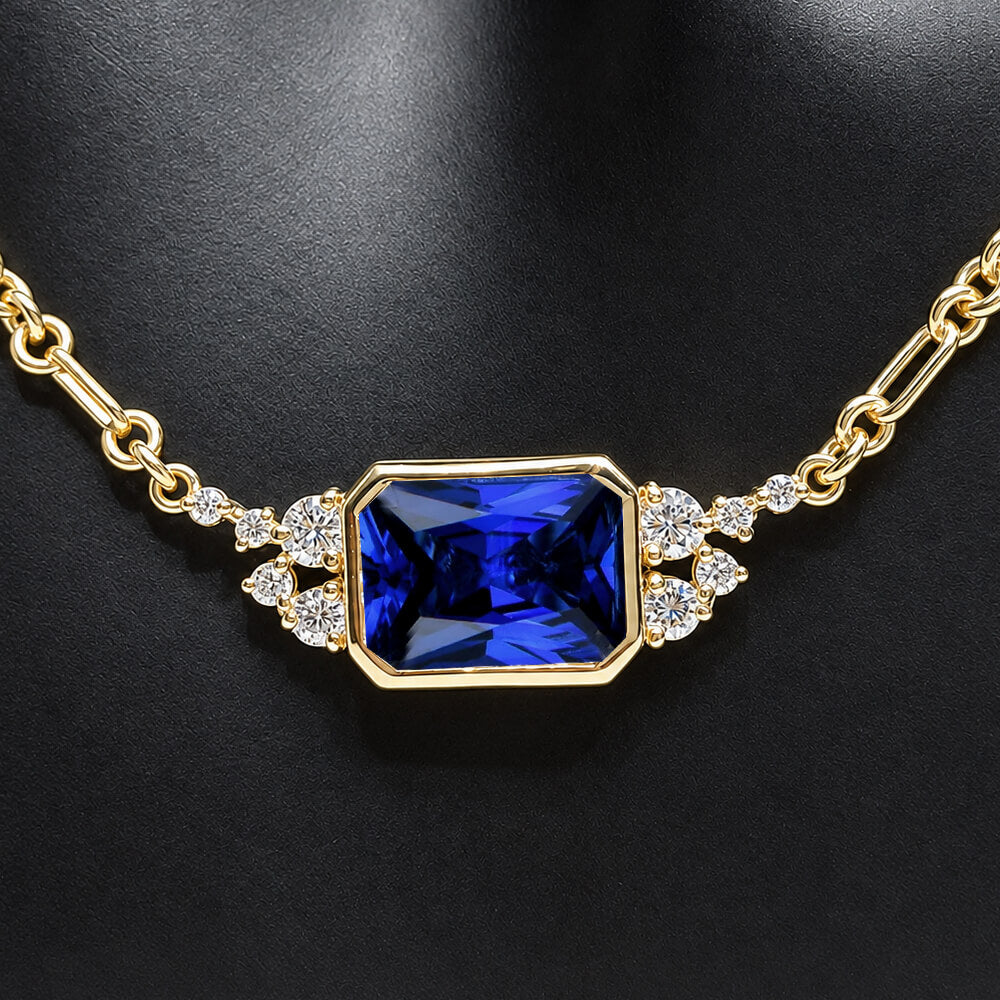 Fashion Yellow Gold Bezel Radiant Cut Blue Sapphire Pendant Necklace For Women
