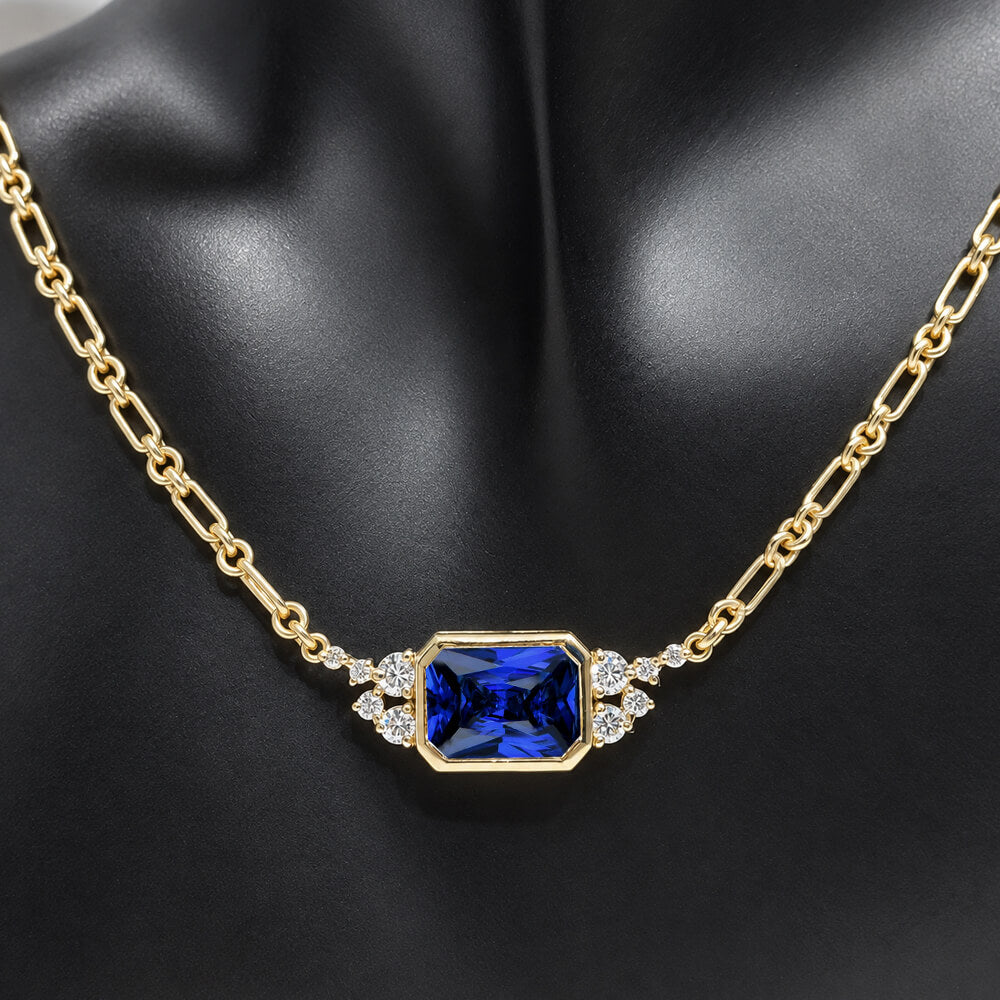 Fashion Yellow Gold Bezel Radiant Cut Blue Sapphire Pendant Necklace For Women