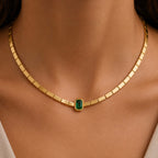 Unique Design Solitaire Bezel Yellow Gold Emerald Cut Emerald Sapphire Link Necklace For Women