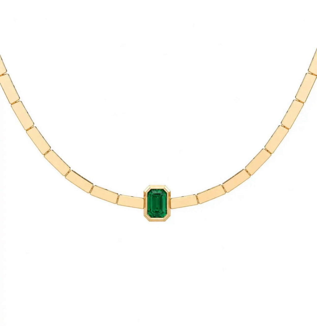 Unique Design Solitaire Bezel Yellow Gold Emerald Cut Emerald Sapphire Link Necklace For Women