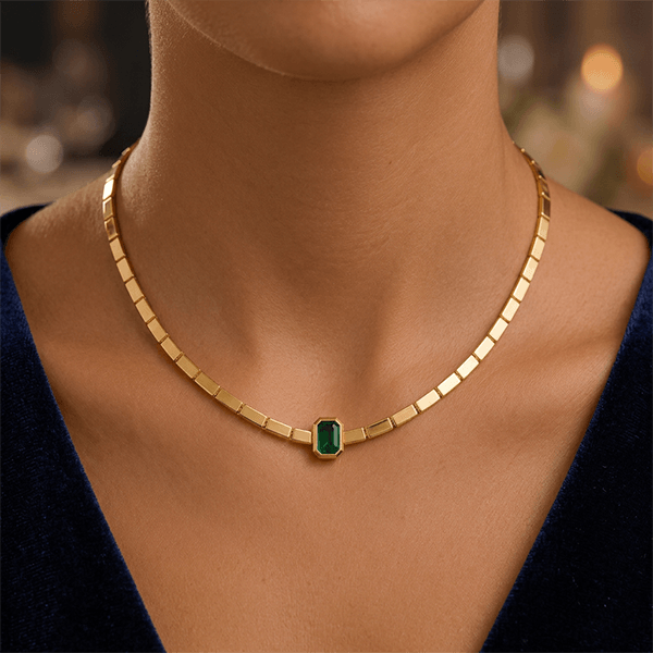 Unique Design Solitaire Bezel Yellow Gold Emerald Cut Emerald Sapphire Link Necklace For Women