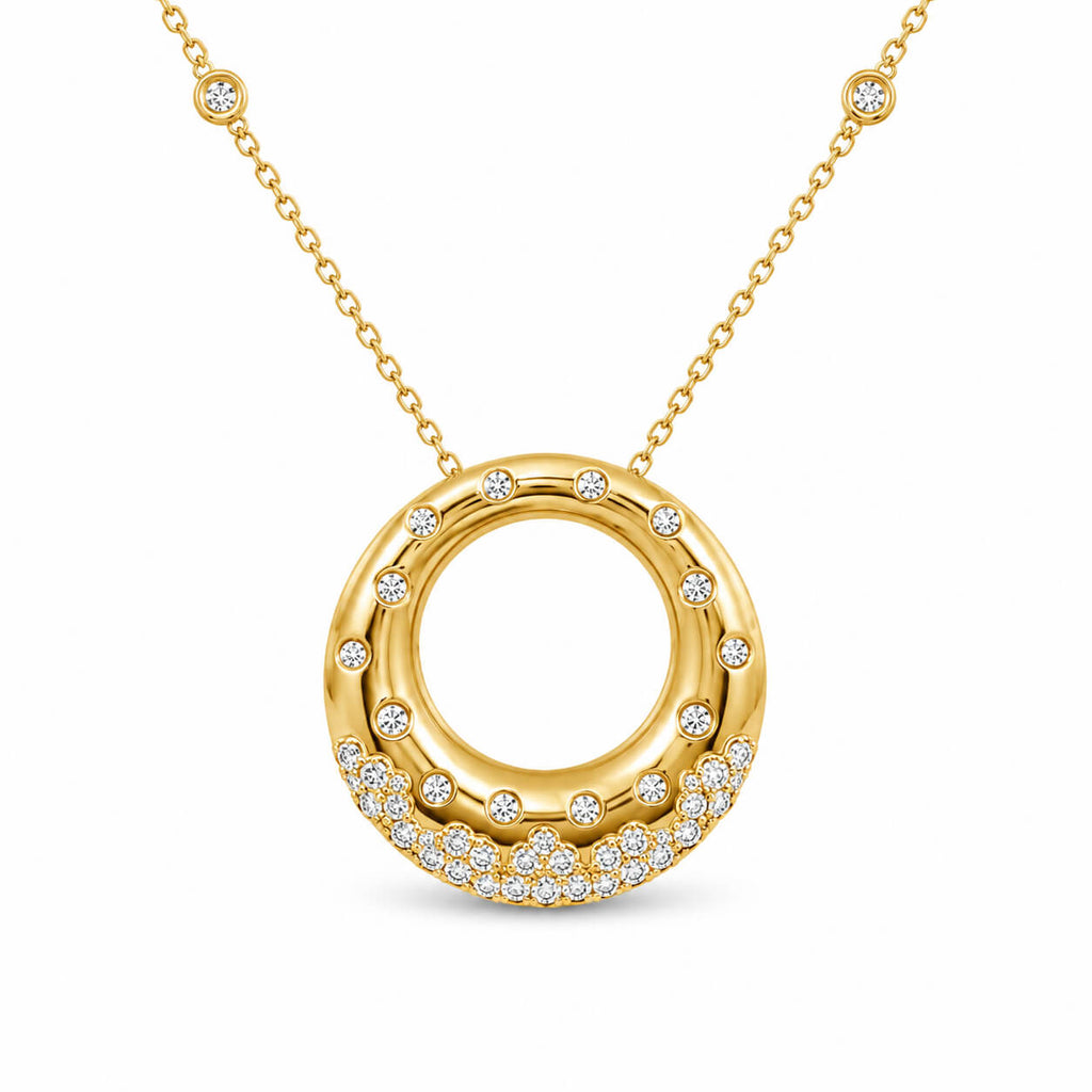 Unique Design Bezel Yellow Gold Round Cut White Sapphire Pendant Necklace For Women