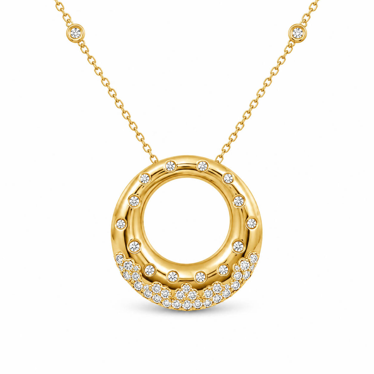 Unique Design Bezel Yellow Gold Round Cut White Sapphire Pendant Necklace For Women