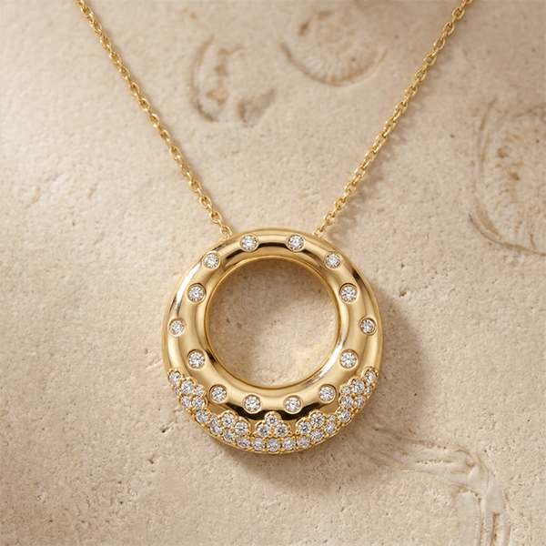 Unique Design Bezel Yellow Gold Round Cut White Sapphire Pendant Necklace For Women