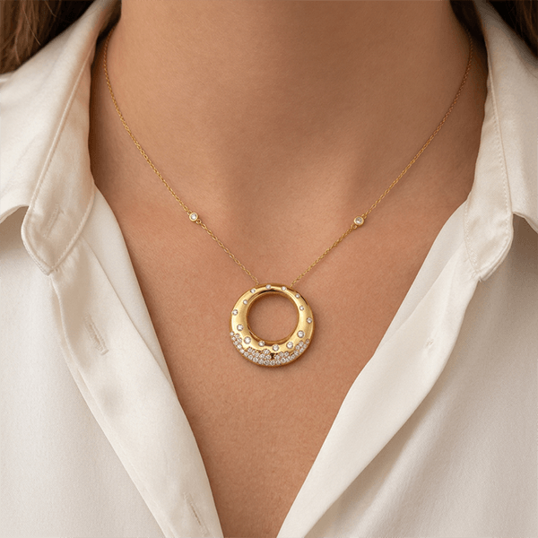 Unique Design Bezel Yellow Gold Round Cut White Sapphire Pendant Necklace For Women
