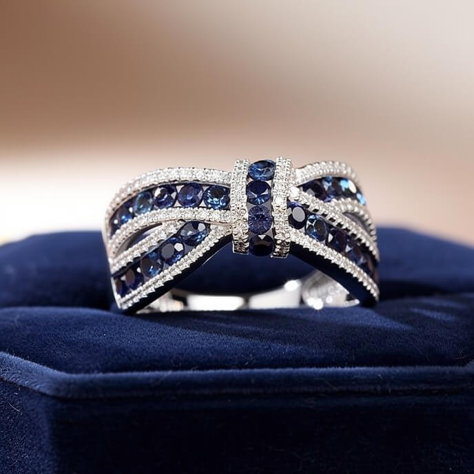 Bow Knot Design Round Cut Blue & White Sapphire Wedding Ring
