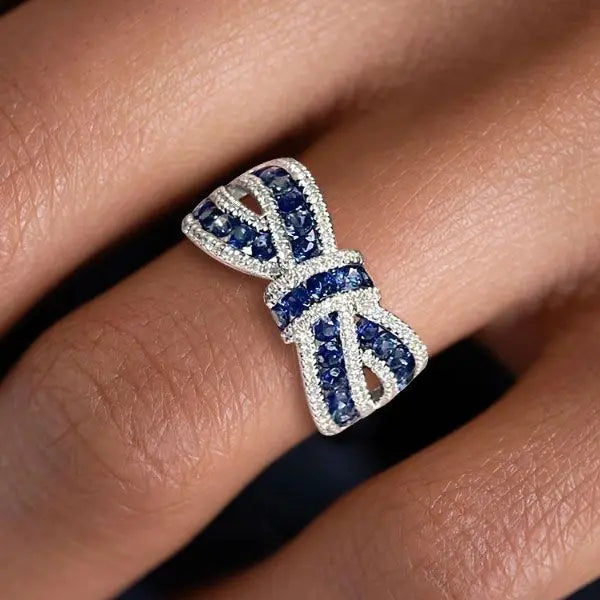 Knot Ring Round Cut Blue Sapphire Wedding Band For Women Belovegrace