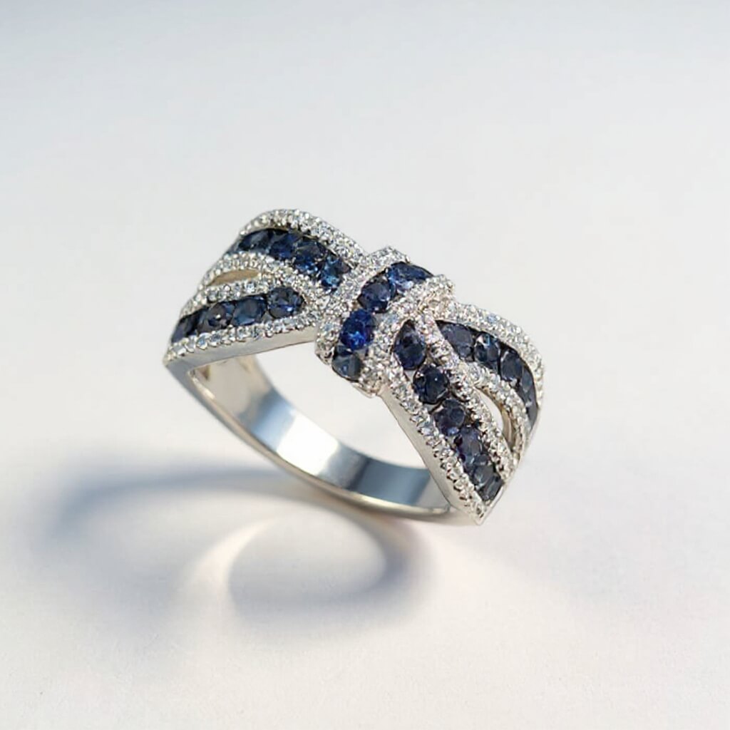 Bow Knot Design Round Cut Blue & White Sapphire Wedding Ring