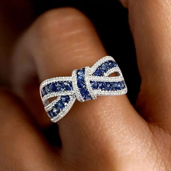 Knot Ring Round Cut Blue Sapphire Wedding Band For Women Belovegrace