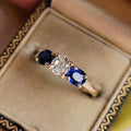 Golden Three Stone Cushion Cut White & Blue Sapphire Wedding Band For Women Belovegrace