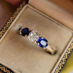 Golden Three Stone Cushion Cut White & Blue Sapphire Wedding Band For Women Belovegrace